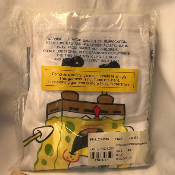 Spongebob Unisex Long Underwear Size 12 100% Cotton Multi-Made In Hong Kong - Picture 2 of 3